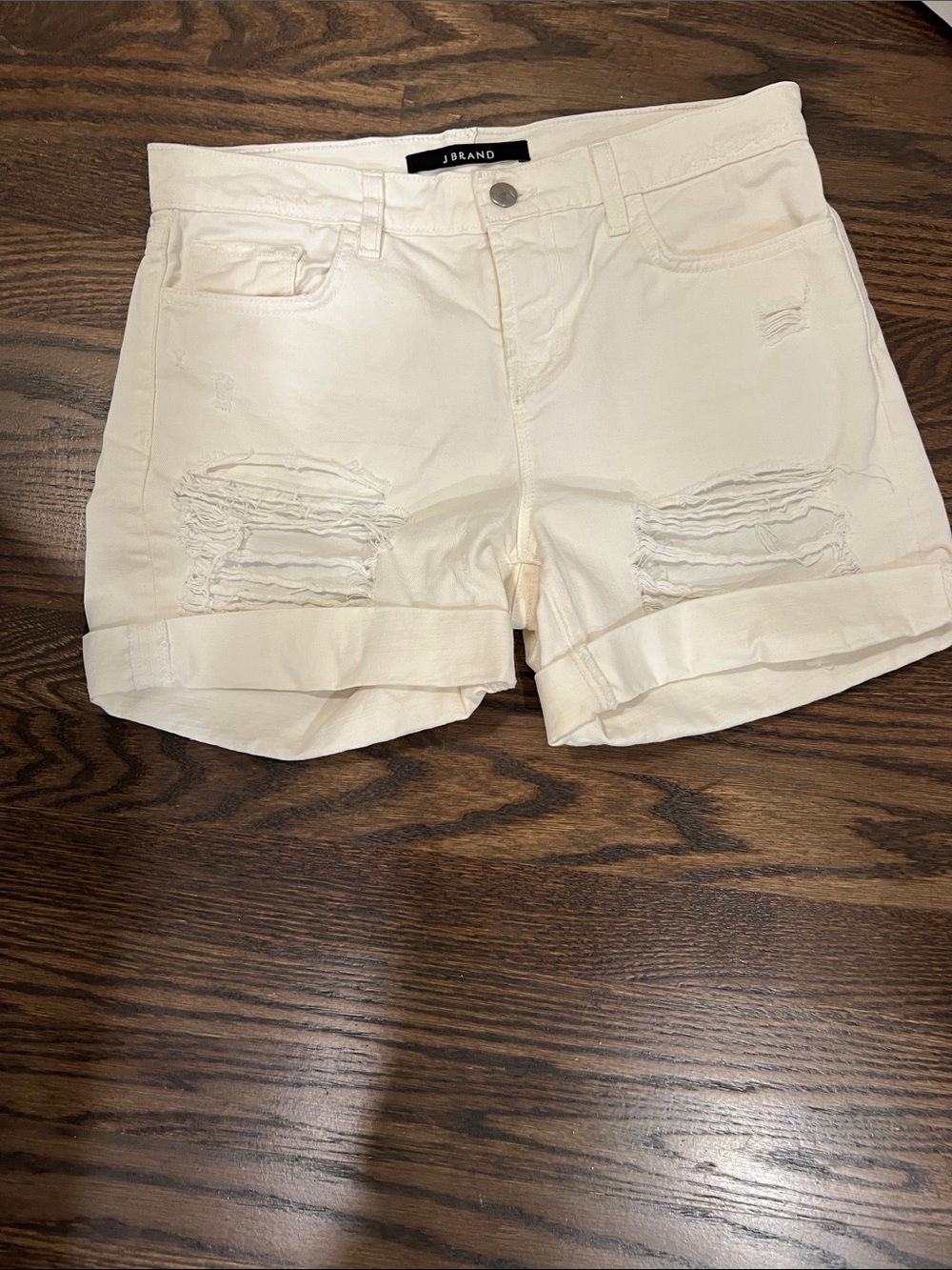 J Brand Cream Distressed Rolled Cuff Denim Shorts